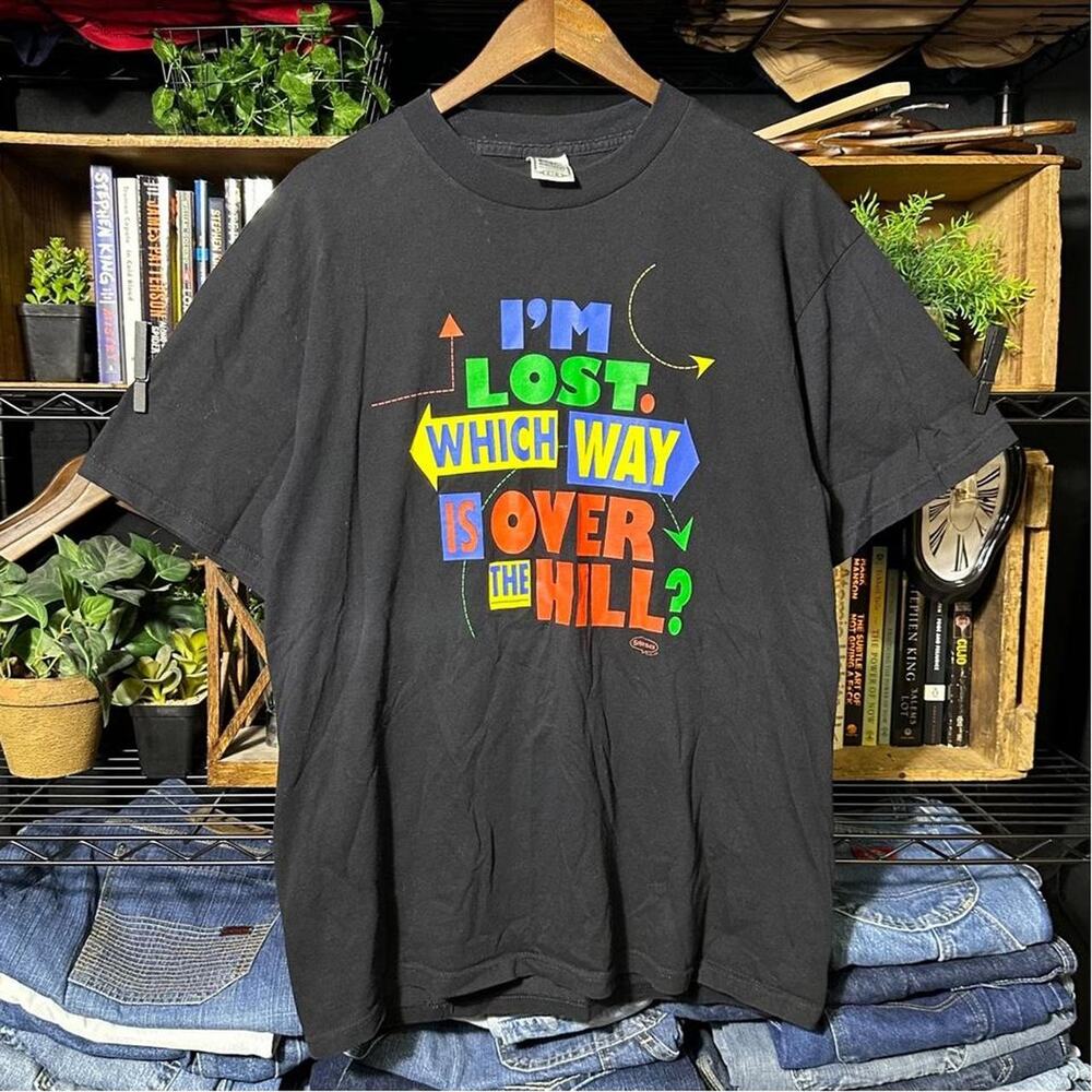 Vintage 90s Funny Joke Text Tee Mens Large Black Multicolored Slogan Shirt